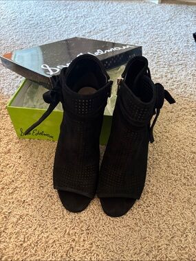 Sam Edelman Black Perforated Suede Peep-Toe Ankle Booties with Bow